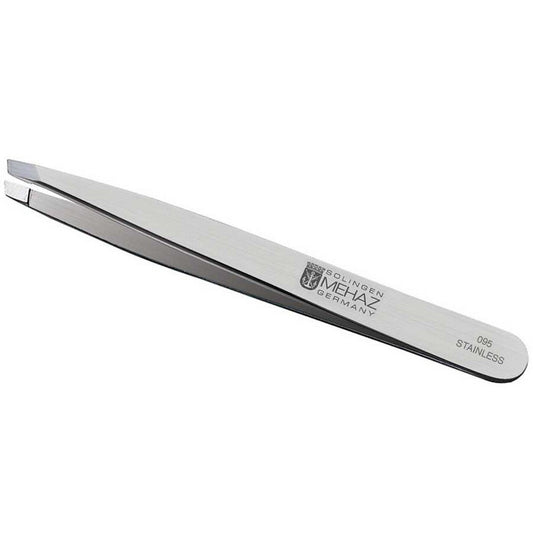Mehaz slanted-tip tweezers for precise facial hair removal and eyebrow shaping.