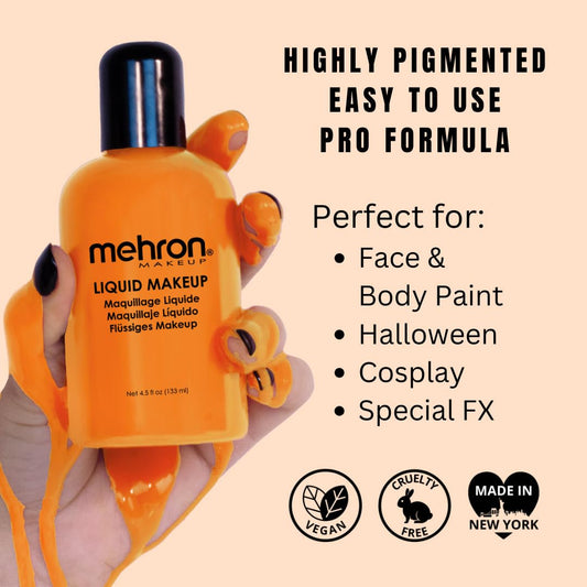 Mehron orange Liquid Makeup swatches showing vibrant color options.