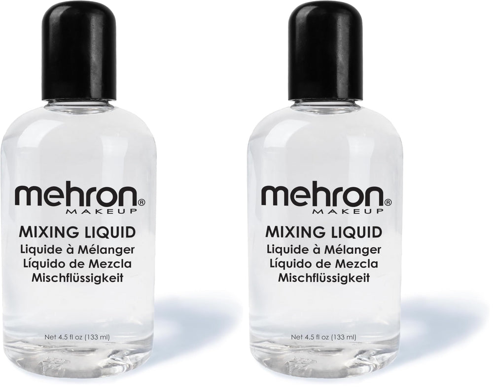 Mehron Mixing Liquid bottle close-up for long-wear, transfer-resistant makeup.