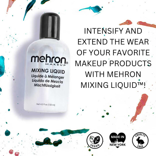 Mehron Mixing Liquid transforming pigment into durable, transfer-resistant color.