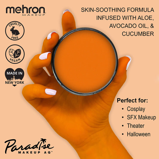Mehron Paradise AQ orange body paint in a jar with smooth coverage.