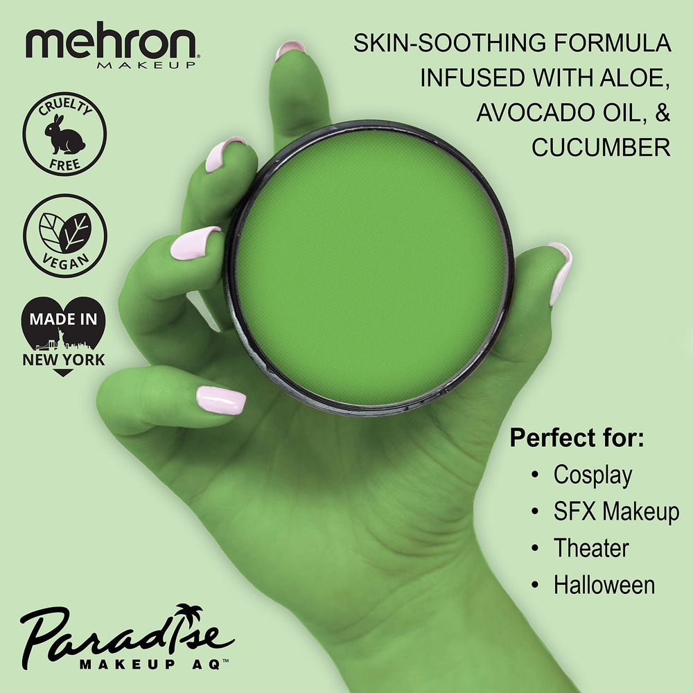 Mehron Paradise AQ light green jar label highlights professional-grade color for performance.