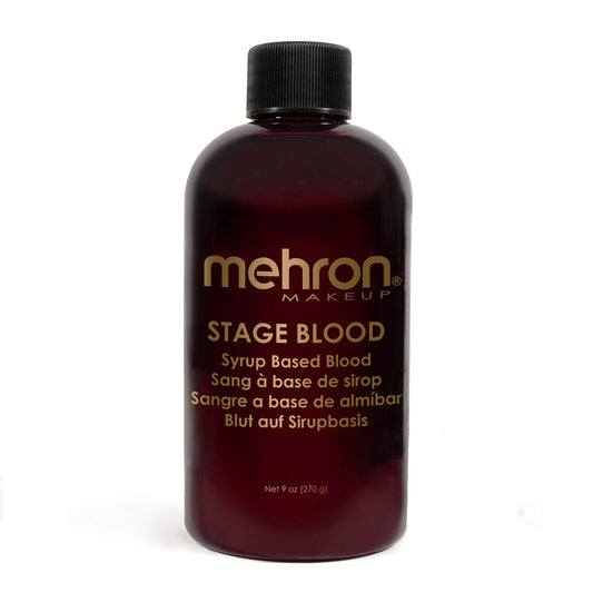Mehron Stage Blood glossy syrup bottle for dramatic Halloween effects.