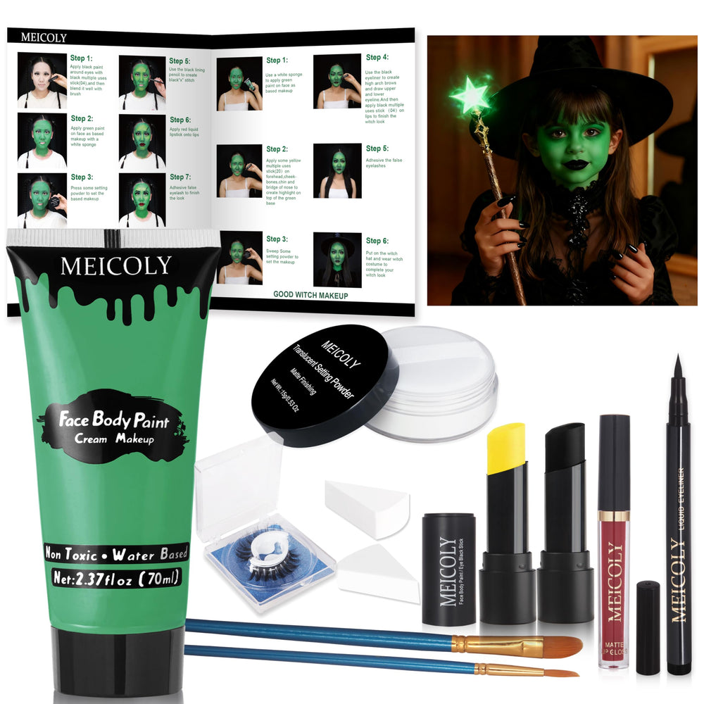 MEICOLY complete green witch makeup kit packaging box, easy storage and display