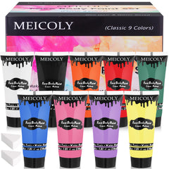 MEICOLY face paint kit box open showing nine colors for cosplay