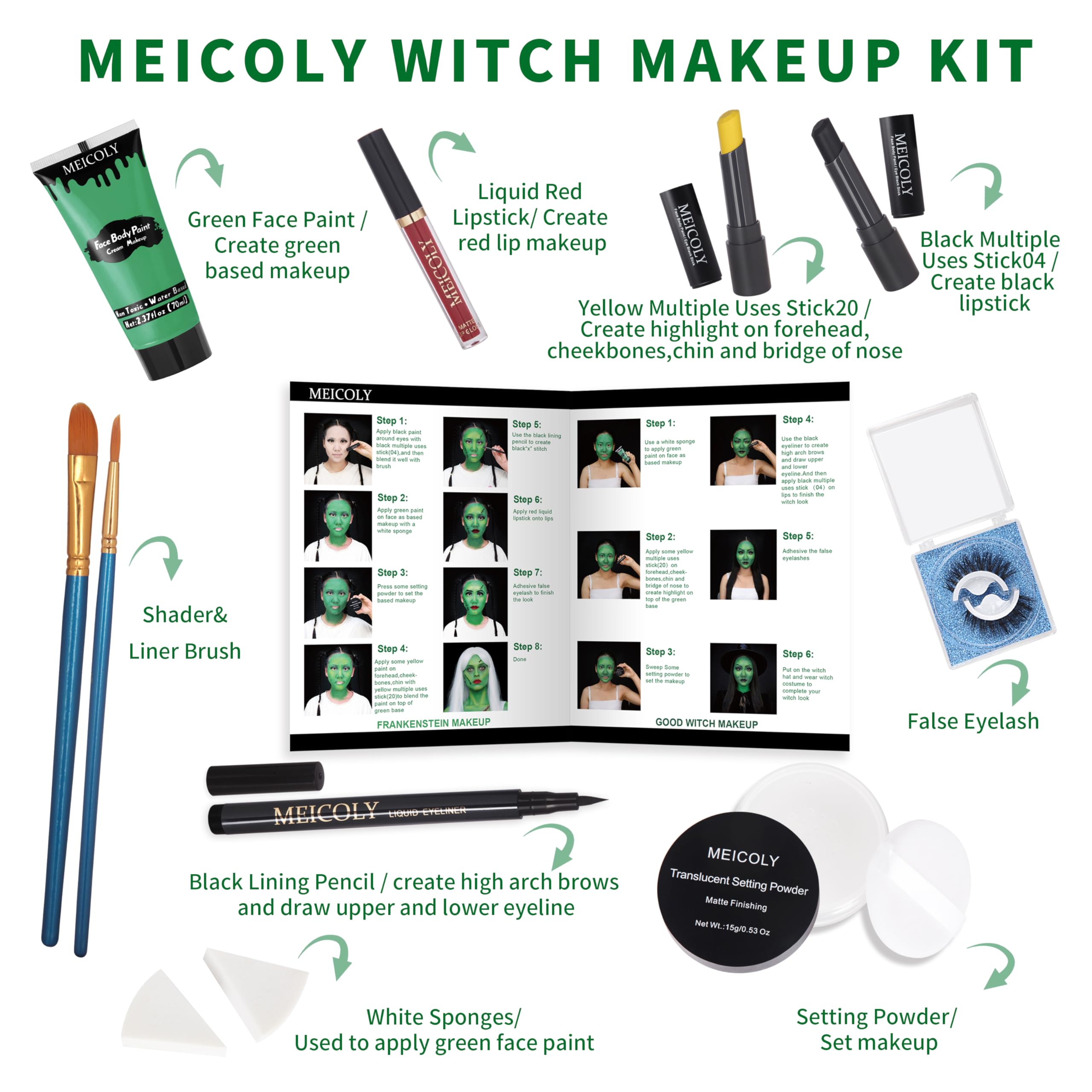 MEICOLY green face paint close-up showing vibrant, blendable color for dramatic looks