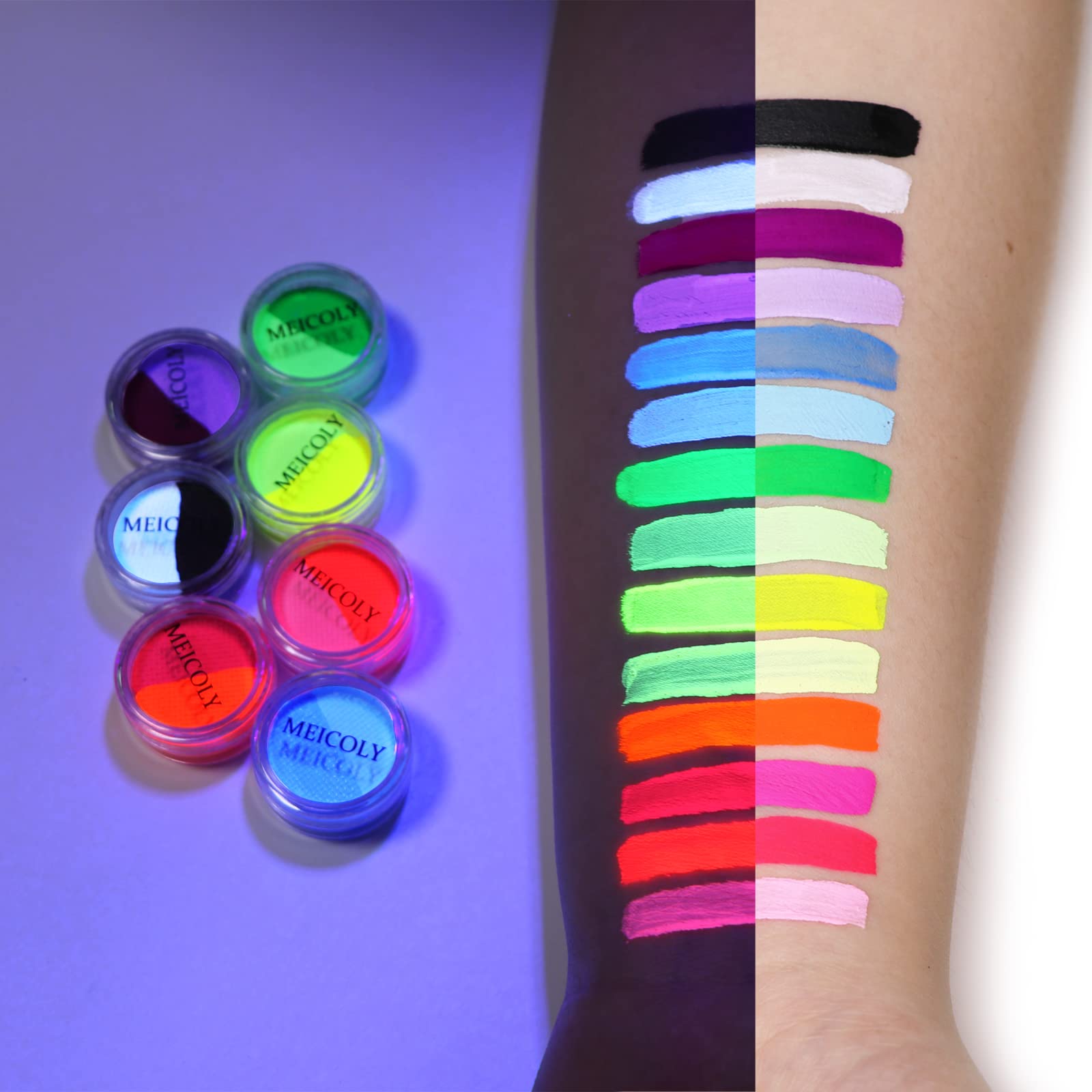 MEICOLY neon UV glow eyeliner pan highlighting bold color under blacklight