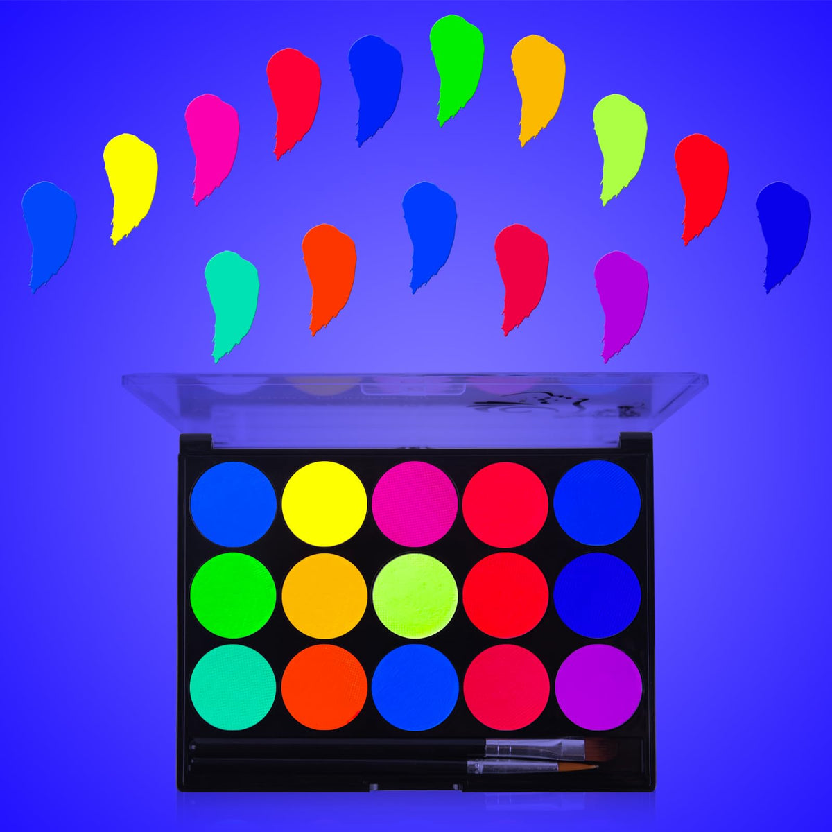 MEICOLY UV glow face paint palette with 15 neon colors under blacklight