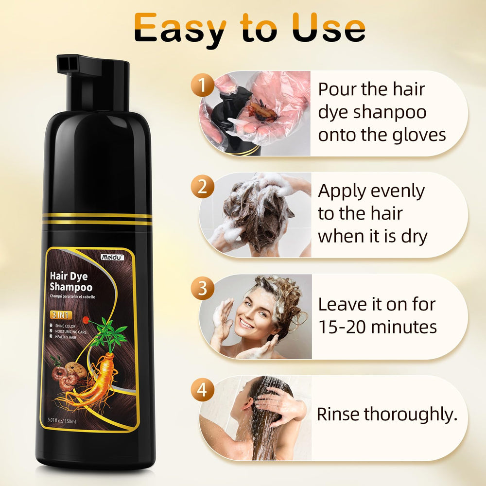 Meidu hair color shampoo applied with gloves for precise, even at-home coloring.