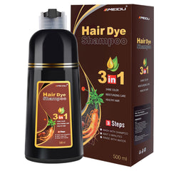 MEIDU Chestnut Brown Hair Dye Shampoo packaging highlights 3-in-1 care for gray hair