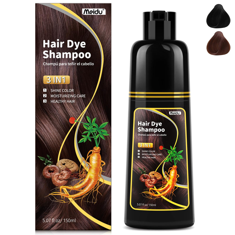 Meidu dark brown hair dye shampoo bottle for at-home color and gray coverage.