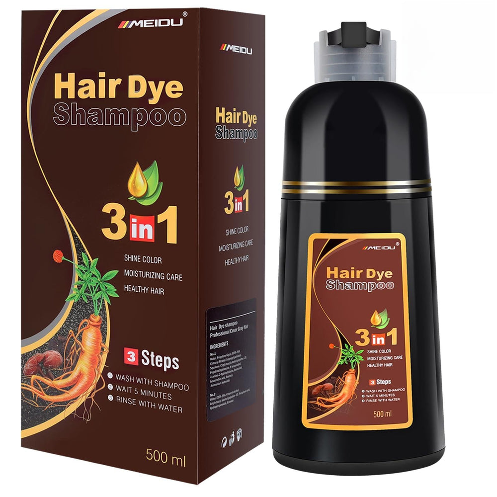 Meidu dark burgundy hair dye shampoo bottle for quick gray coverage.