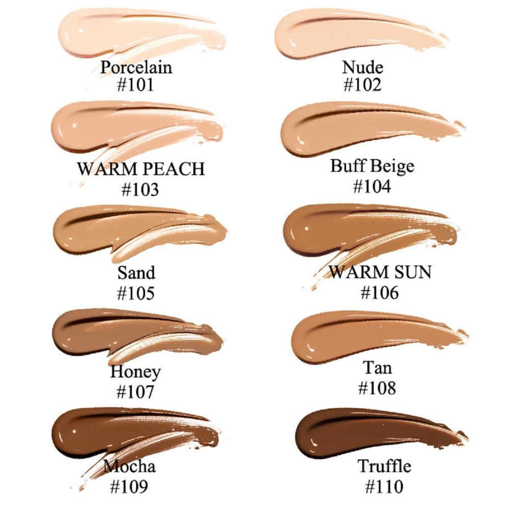 Swatches of shades 104 and 105 on skin with natural matte finish.