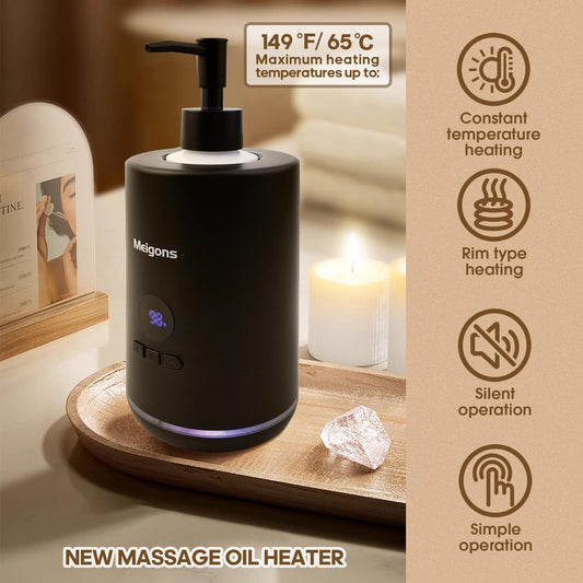 Meigons oil warmer dual bottle setup illustrates easy oil handling for therapists.