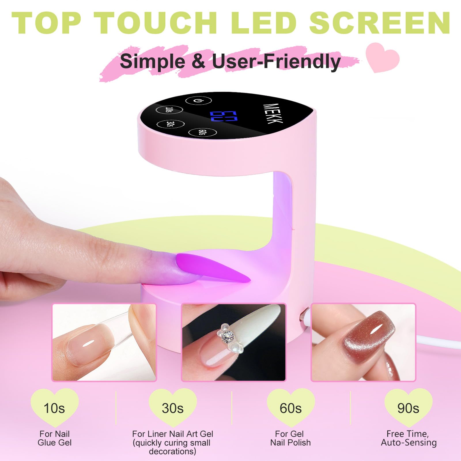 MEKK mini UV light in front-angle shows compact size for easy nail curing.