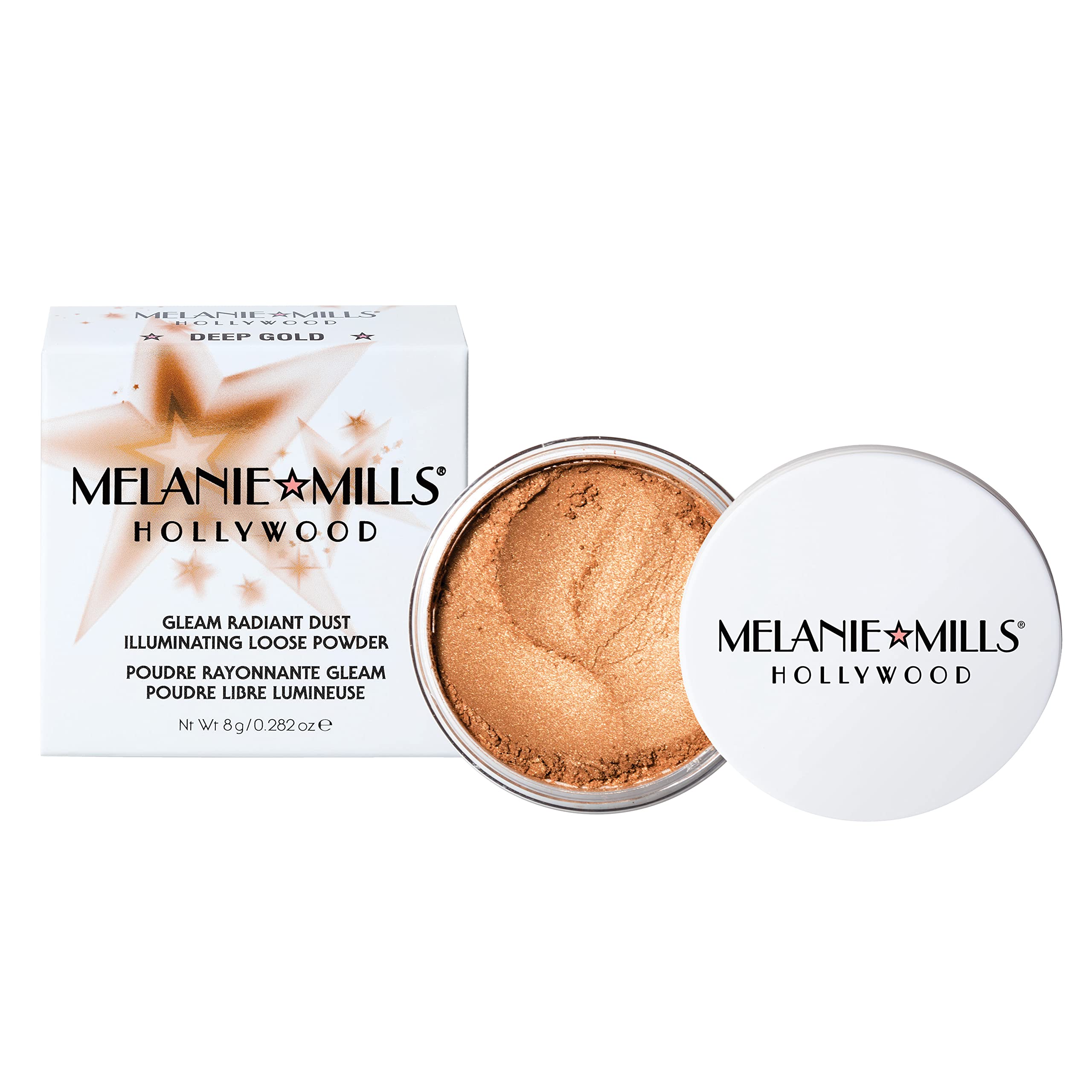 Melanie Mills Hollywood Gleam Radiant Dust highlights facial features with subtle shimmer for a radiant glow.