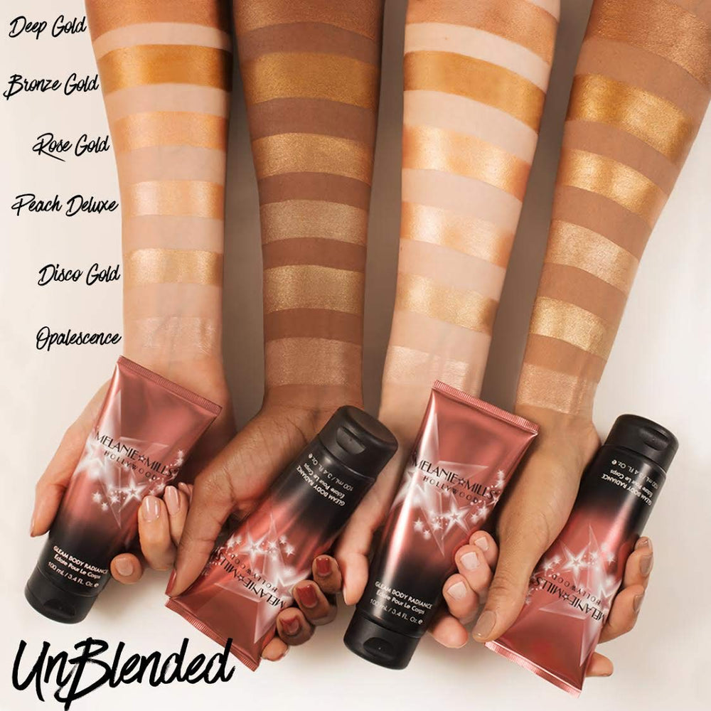 Melanie Mills Hollywood Gleam Rose Gold body glow highlights skin with subtle pink undertones.