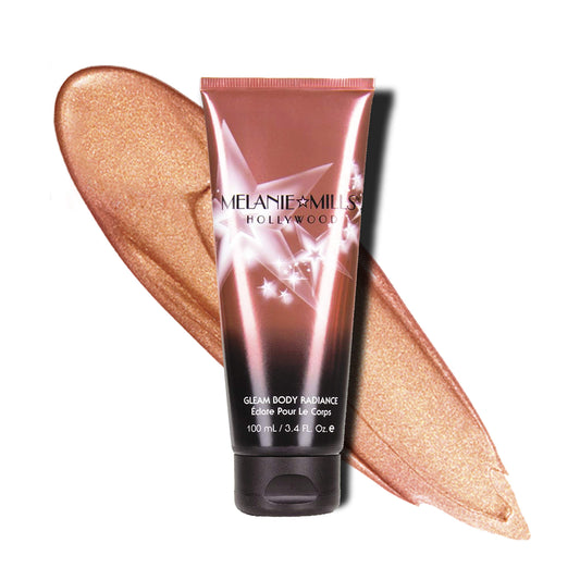 Melanie Mills Hollywood Gleam Rose Gold bottle for a luminous glow and hydrating skin.