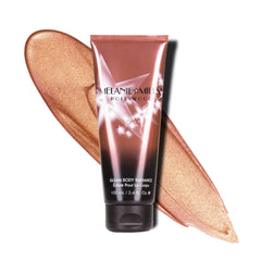 Melanie Mills Hollywood Gleam Rose Gold bottle for a luminous glow and hydrating skin.