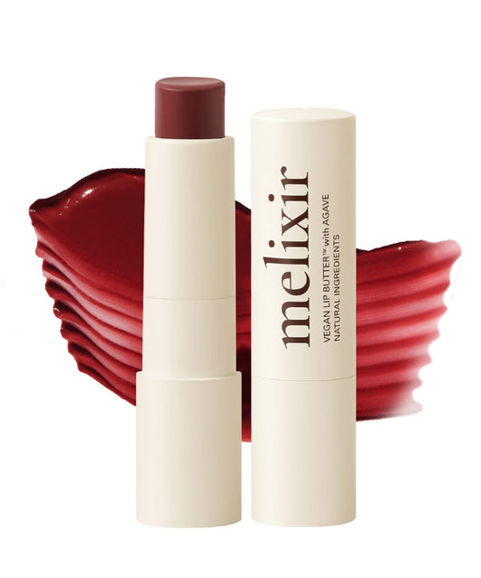 Melixir Vegan Lip Butter Vintage Red packaging showing clean, hydrated lips.