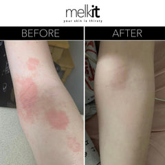 Melkit Bodymelk cream hand application demonstrates easy rub-in for daily use.