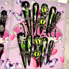 MellowBells premium handmade nails in black gold baroque with hex nuts for standout style.