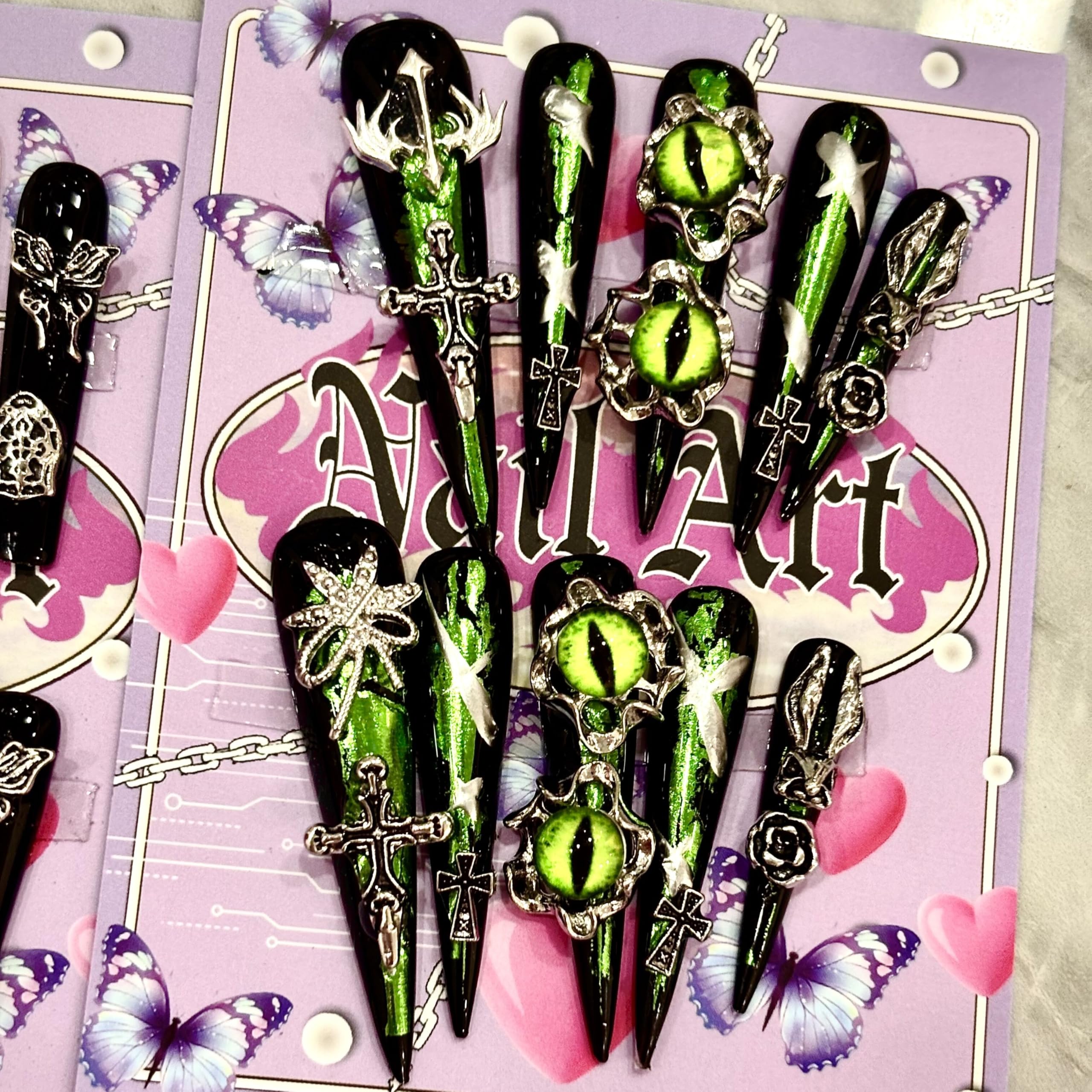 MellowBells premium handmade nails with black and gold baroque punk accents for bold style.
