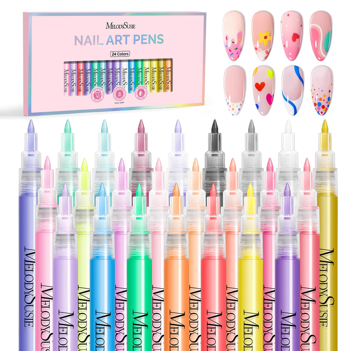 MelodySusie 24-color nail art pens for vibrant detail and long-lasting color.