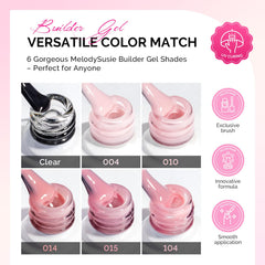 Six jelly pink builder gels offer thickness and longevity for nail extensions.