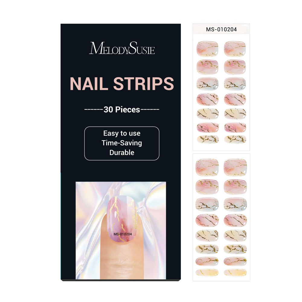 MelodySusie Celestial Glimmer nail strips closeup showing precise fit for salon-quality nails