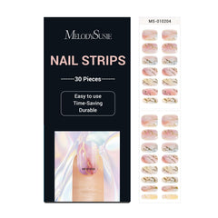 MelodySusie Celestial Glimmer nail strips closeup showing precise fit for salon-quality nails