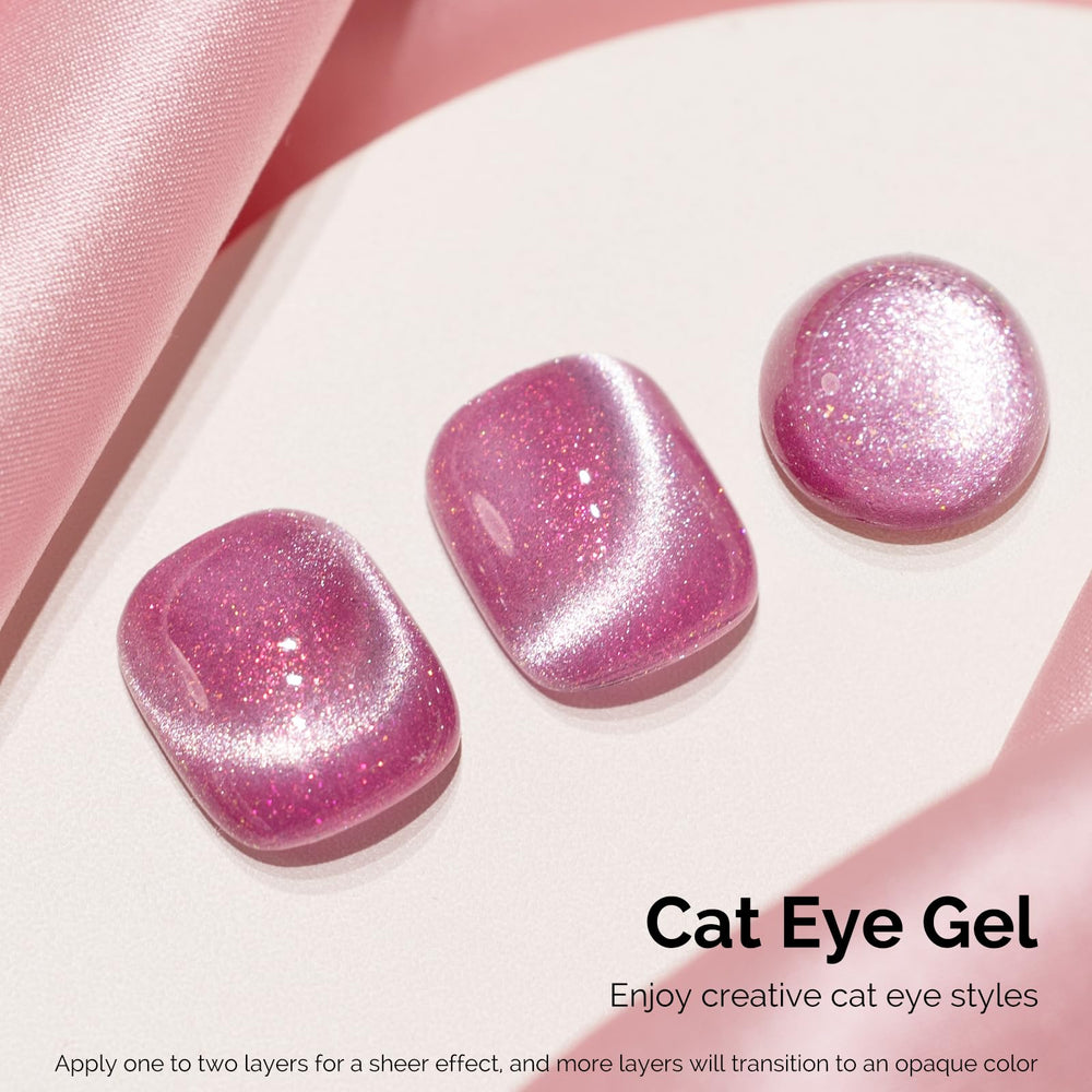 MelodySusie Starry Cat Eye polish highlights vibrant pink glitter and holographic shine.