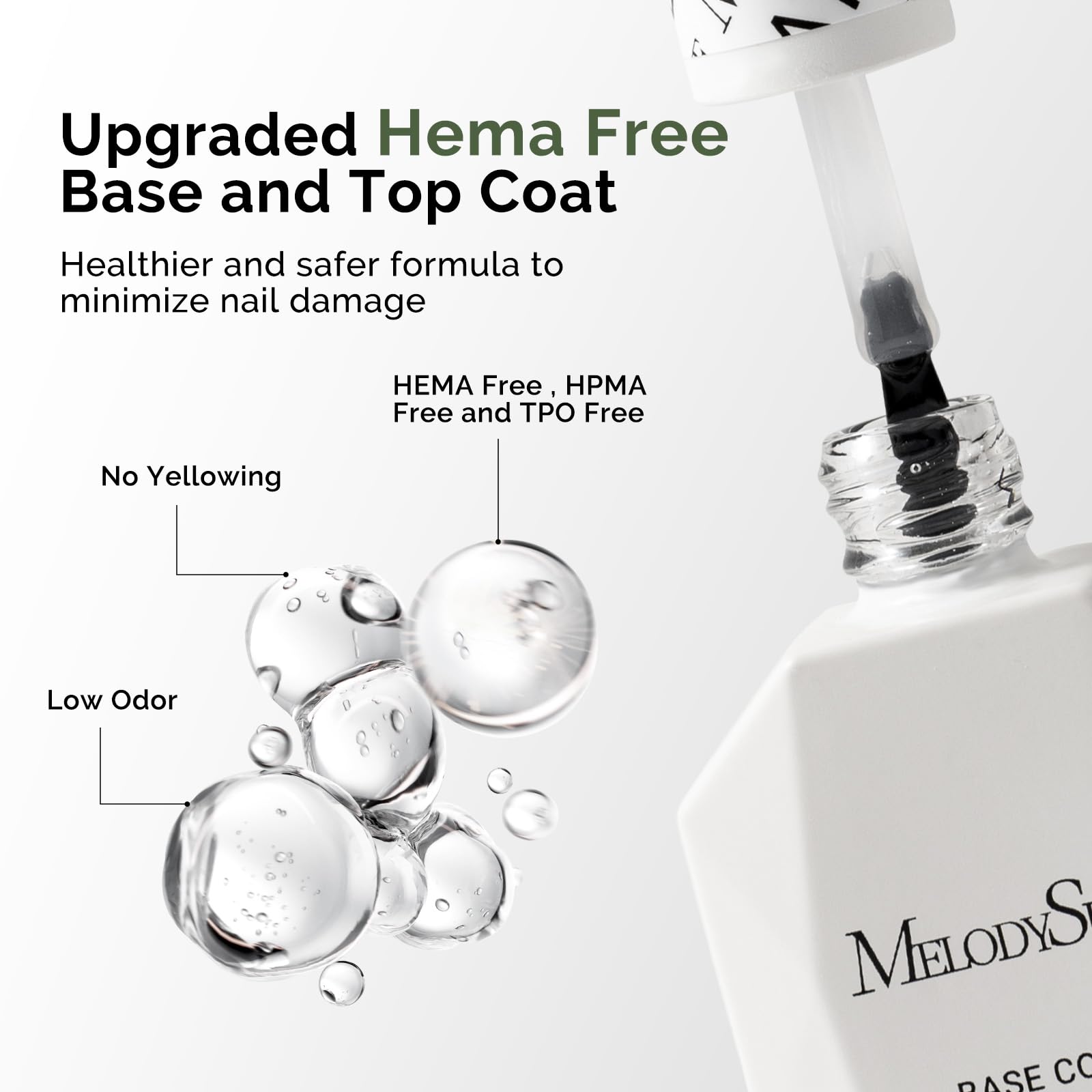 MelodySusie Hema-free top coat bottle delivers a glossy, no-wipe finish.