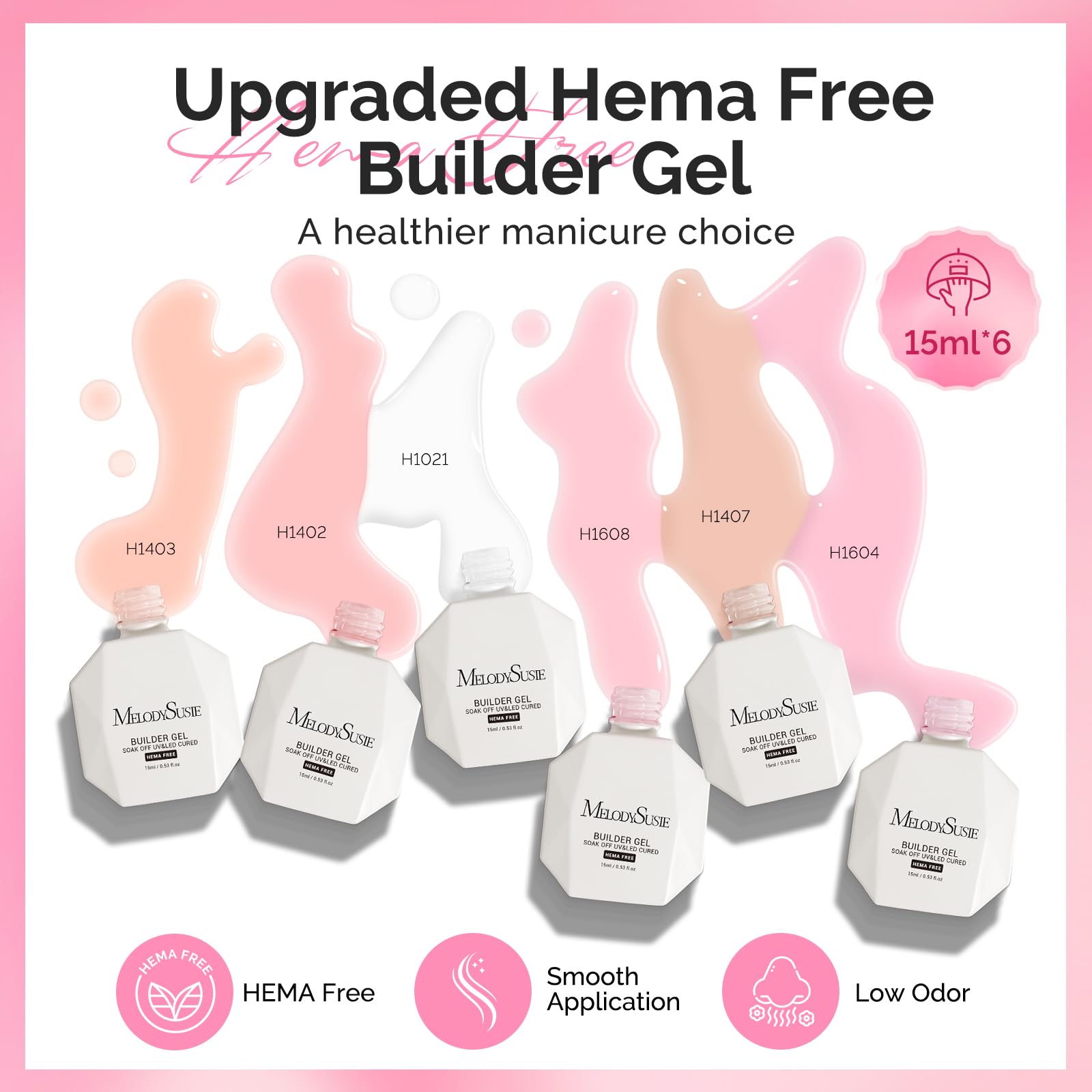 MelodySusie Hema Free Builder Gel Set color swatches highlighting versatile nail art possibilities