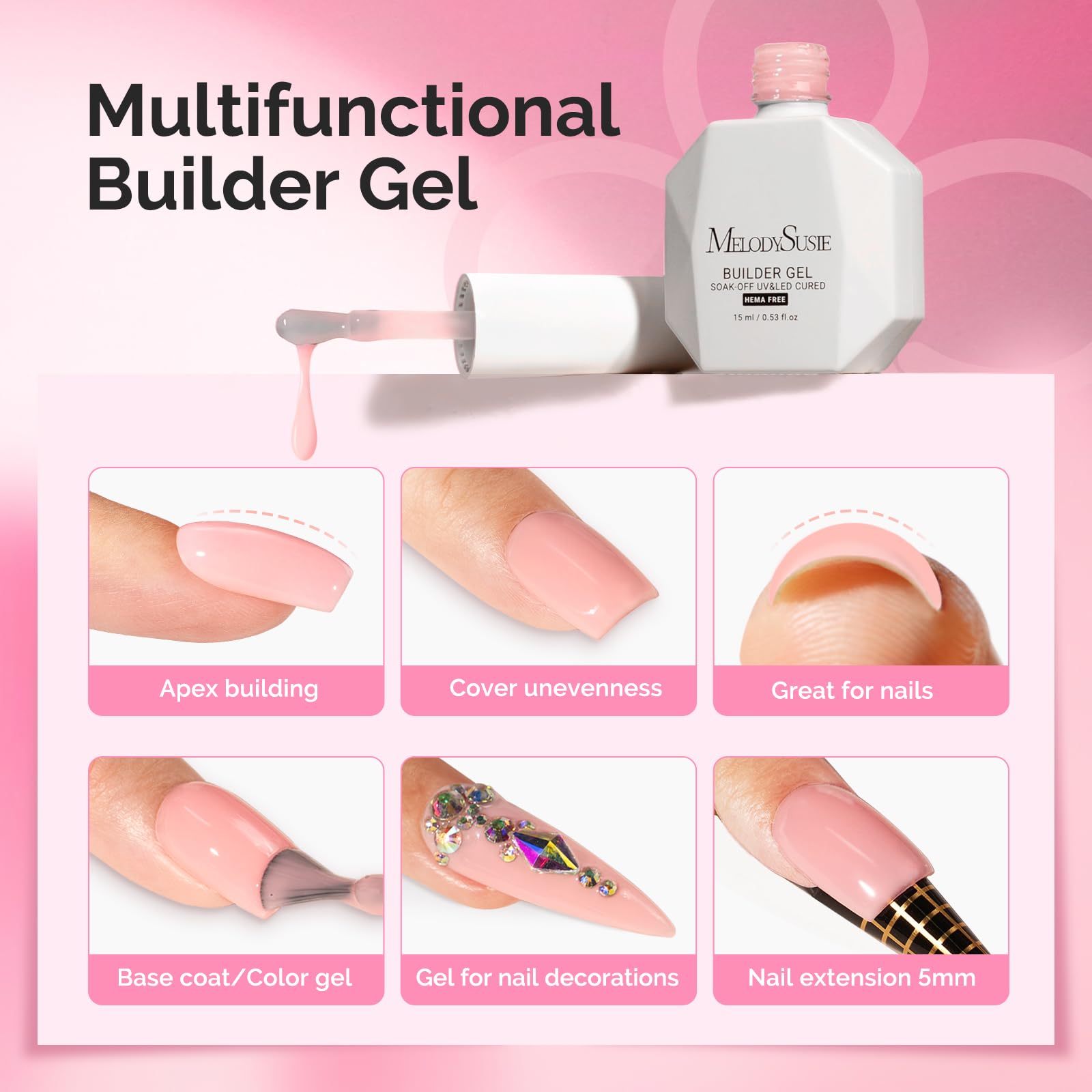 MelodySusie Hema Free Builder Gel on nails shows extensions and apex support