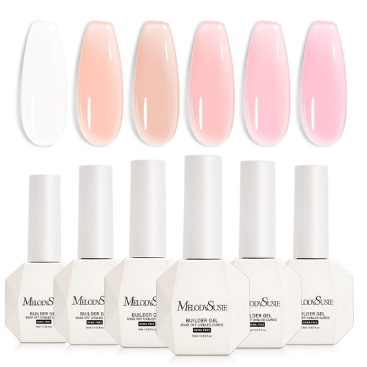 MelodySusie Hema Free Builder Gel Set bottles close-up showing color options for thickening use