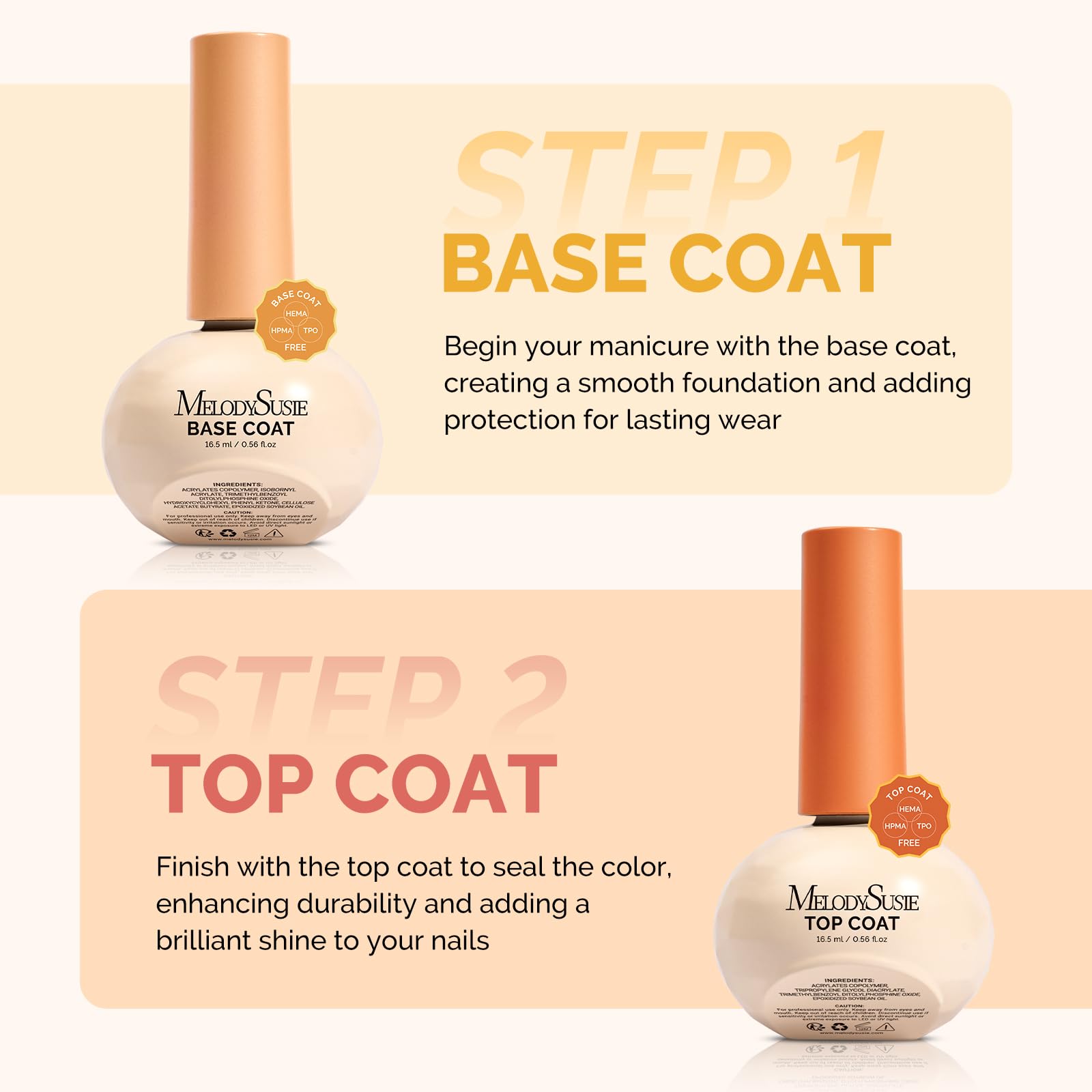 MelodySusie long-wear shine bottle showcases a glossy finish on nails