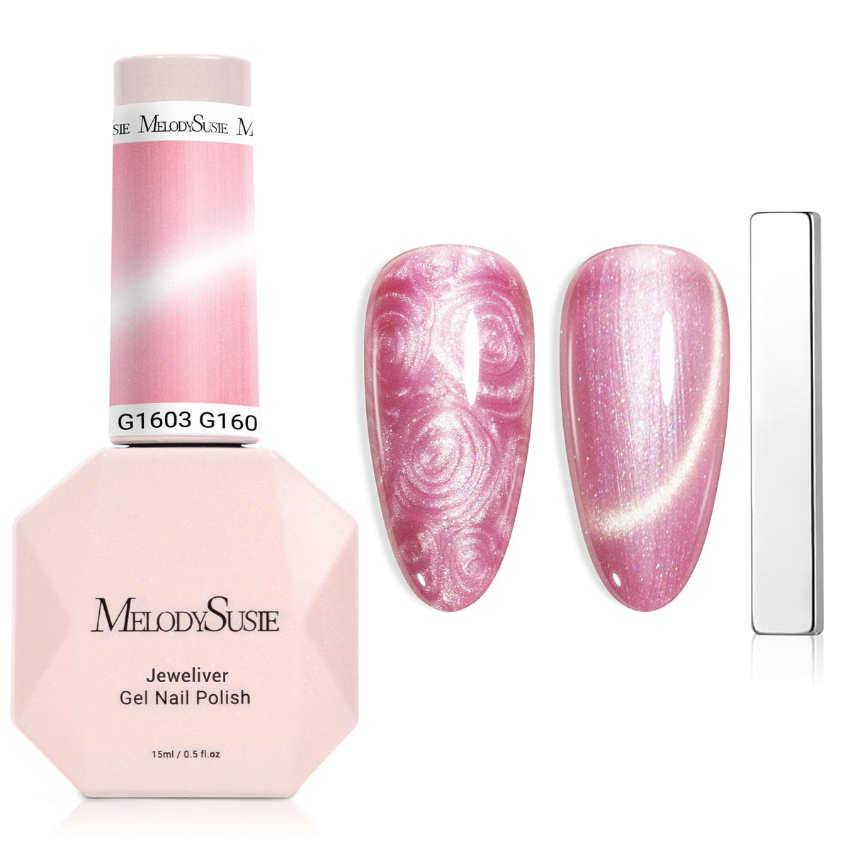 MelodySusie Pearl cat eye gel polish bottle showing magnetic shimmer effect for chic nails.
