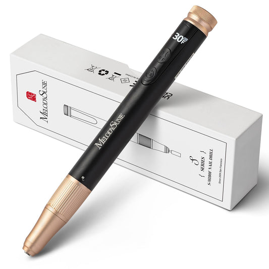 MelodySusie pen-shaped cordless nail drill with LED display for precise shaping at home.
