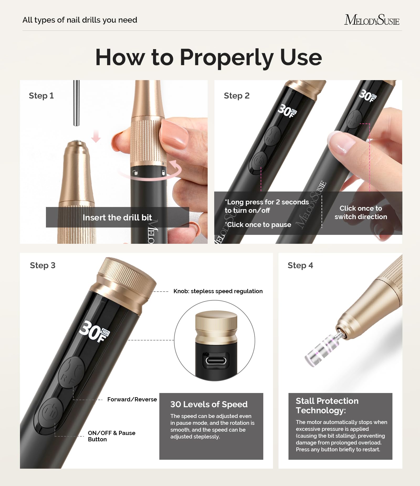 MelodySusie rechargeable battery handpiece enables cordless nail care on the go.