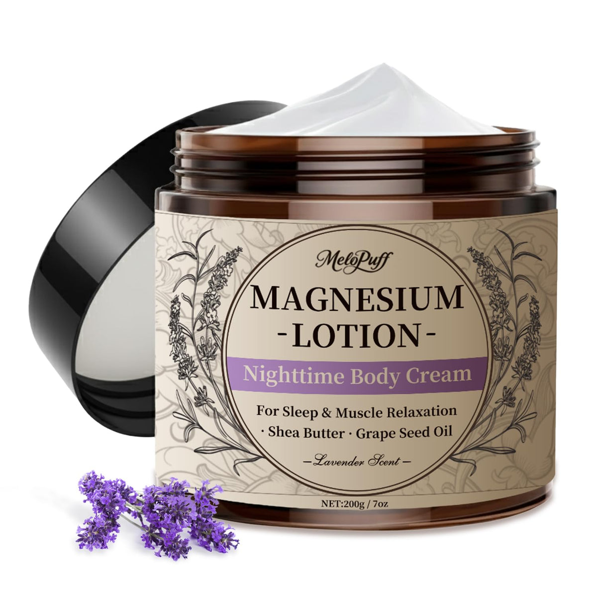 Melopuff magnesium lotion bottle for nighttime relaxation.