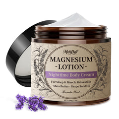 Melopuff magnesium lotion bottle for nighttime relaxation.
