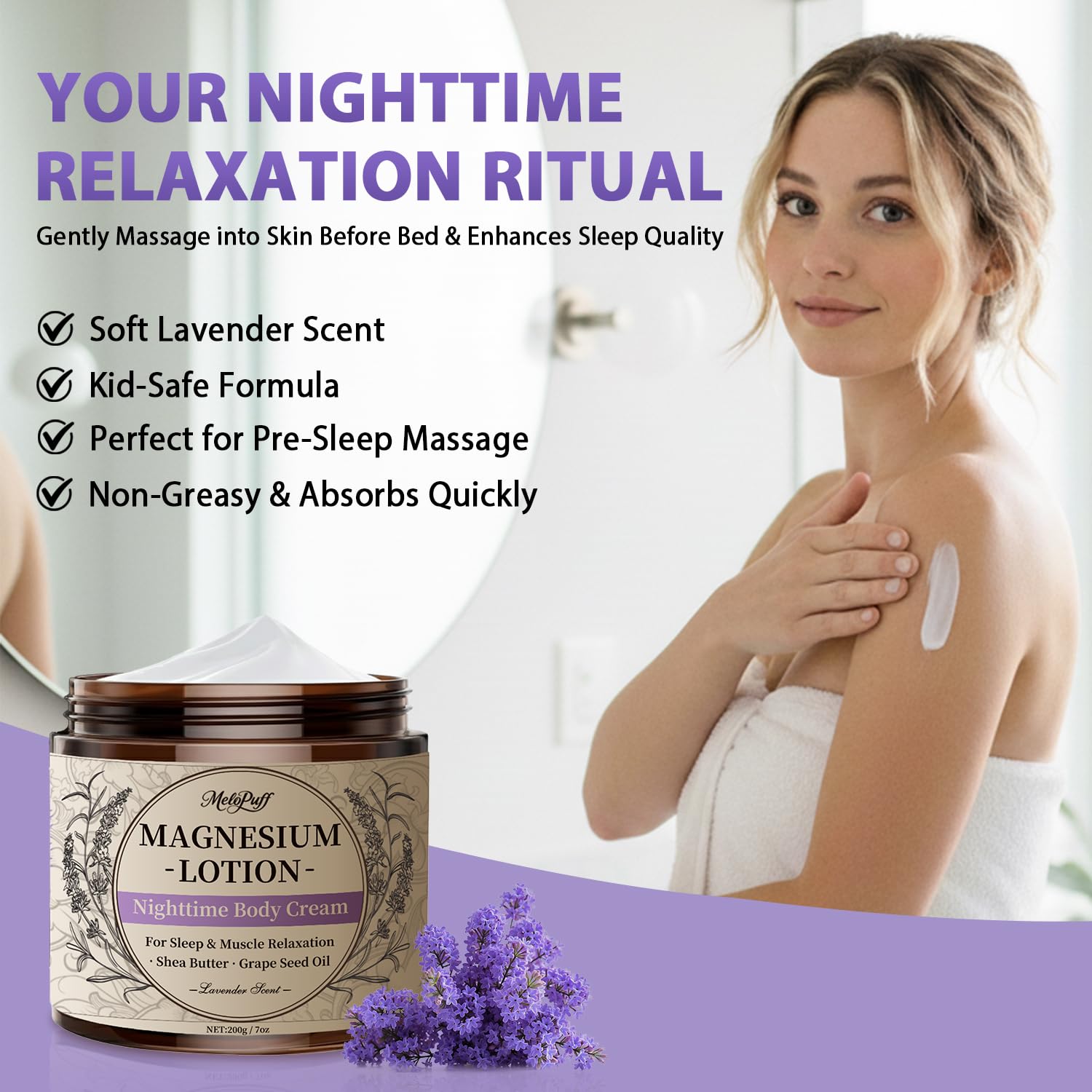 Melopuff magnesium lotion massaged onto legs for soothing relief.