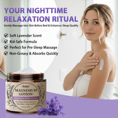Melopuff magnesium lotion massaged onto legs for soothing relief.