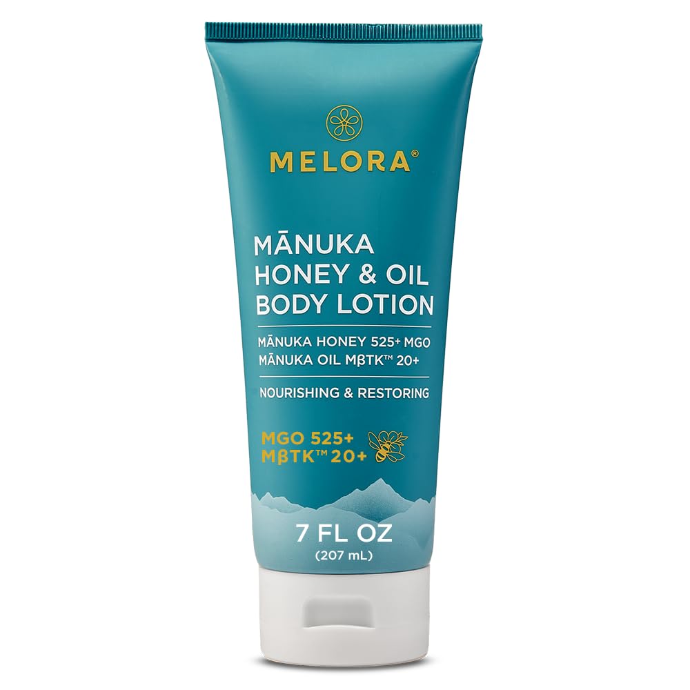Melora Manuka Honey Body Lotion bottle for daily hydration and smooth skin.