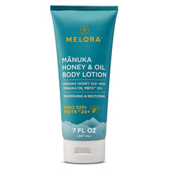 Melora Manuka Honey Body Lotion bottle for daily hydration and smooth skin.