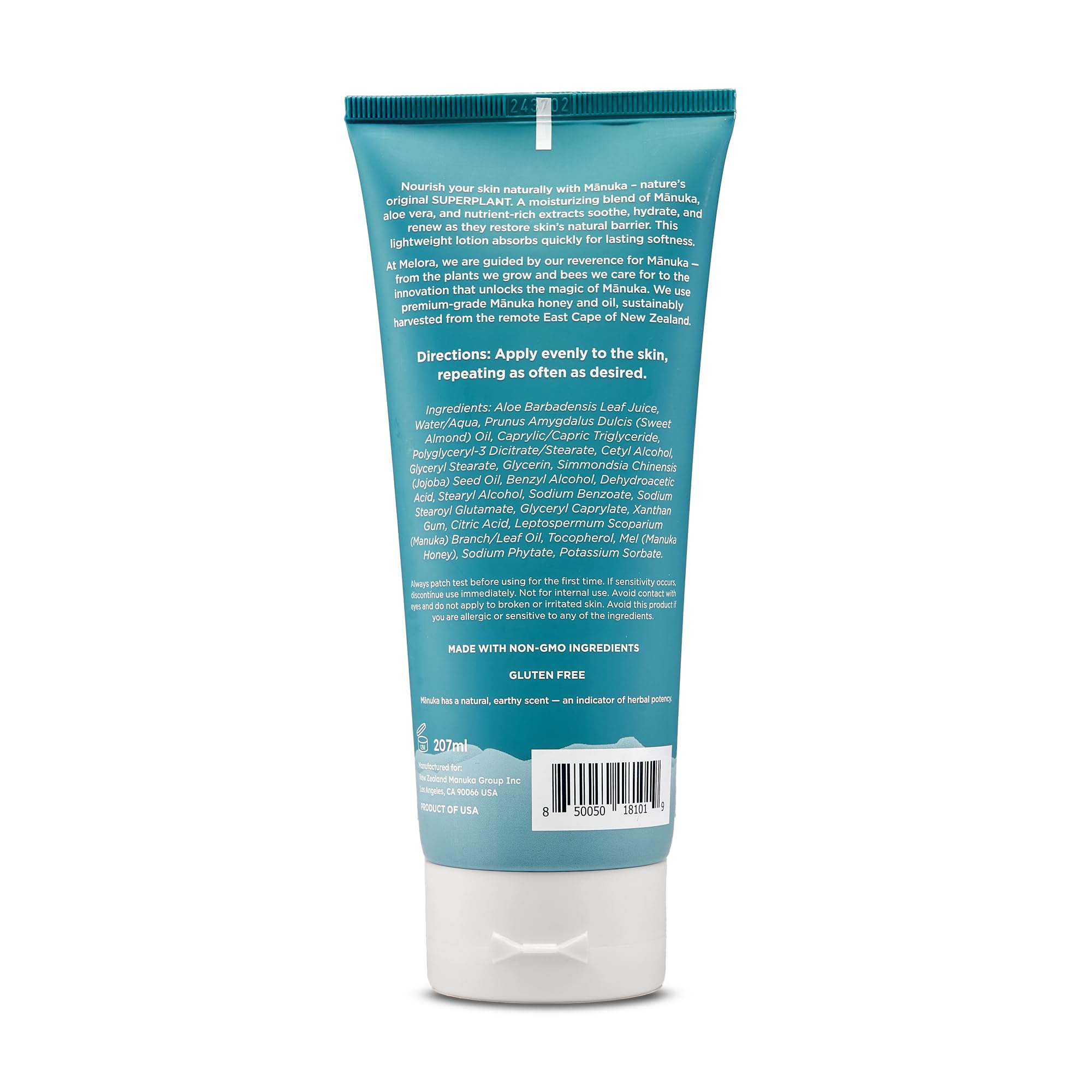 Melora Manuka Honey Body Lotion cream closeup showing creamy texture for dry skin.