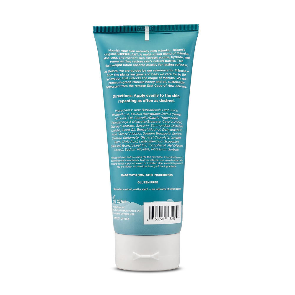 Melora Manuka Honey Body Lotion cream closeup showing creamy texture for dry skin.