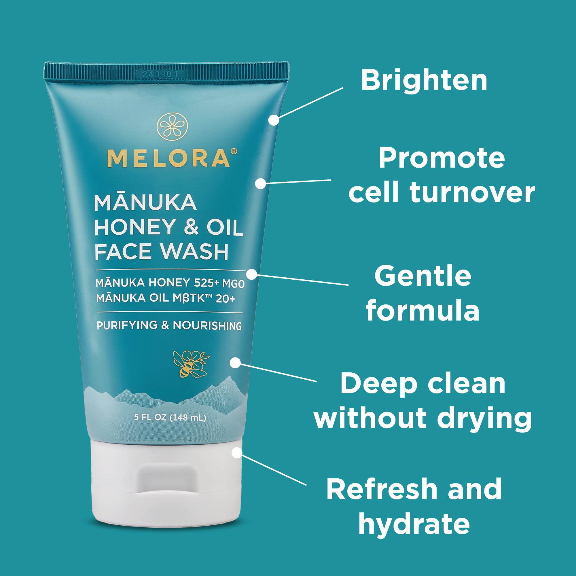 MELORA Manuka Honey Face Wash close-up with soothing ingredients