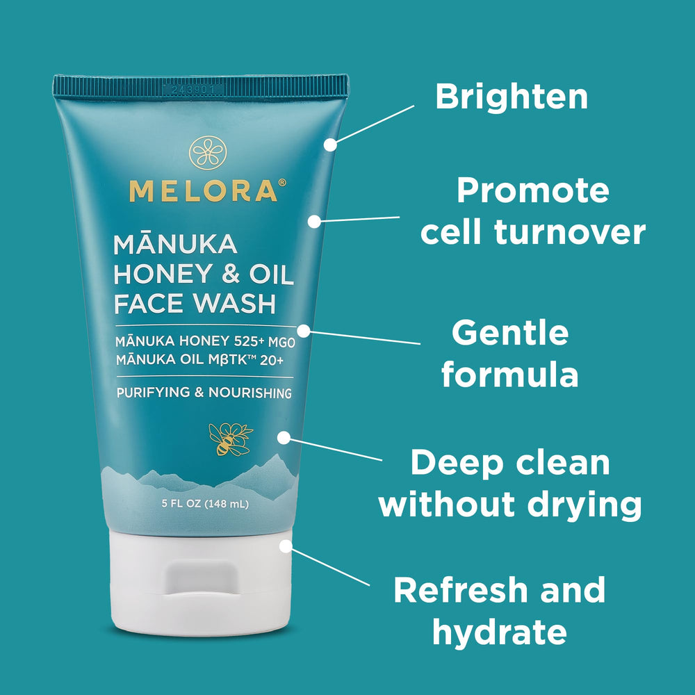 MELORA Manuka Honey Face Wash close-up with soothing ingredients